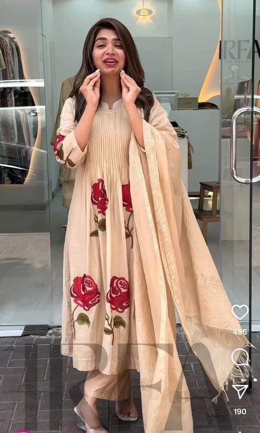 Elegant premium cotton embroidery work floral design kurti pant dupatta set Size-38.40.42.44 46