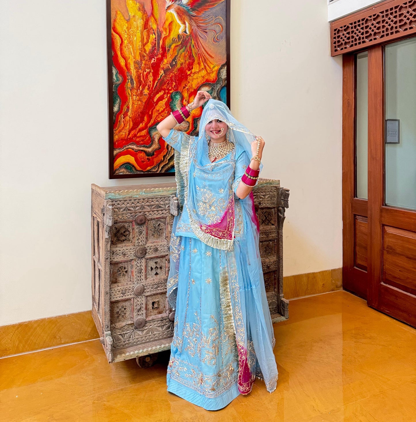 Natural fabric Elegant sky clour Zardoji handwork Rajasthani poshak