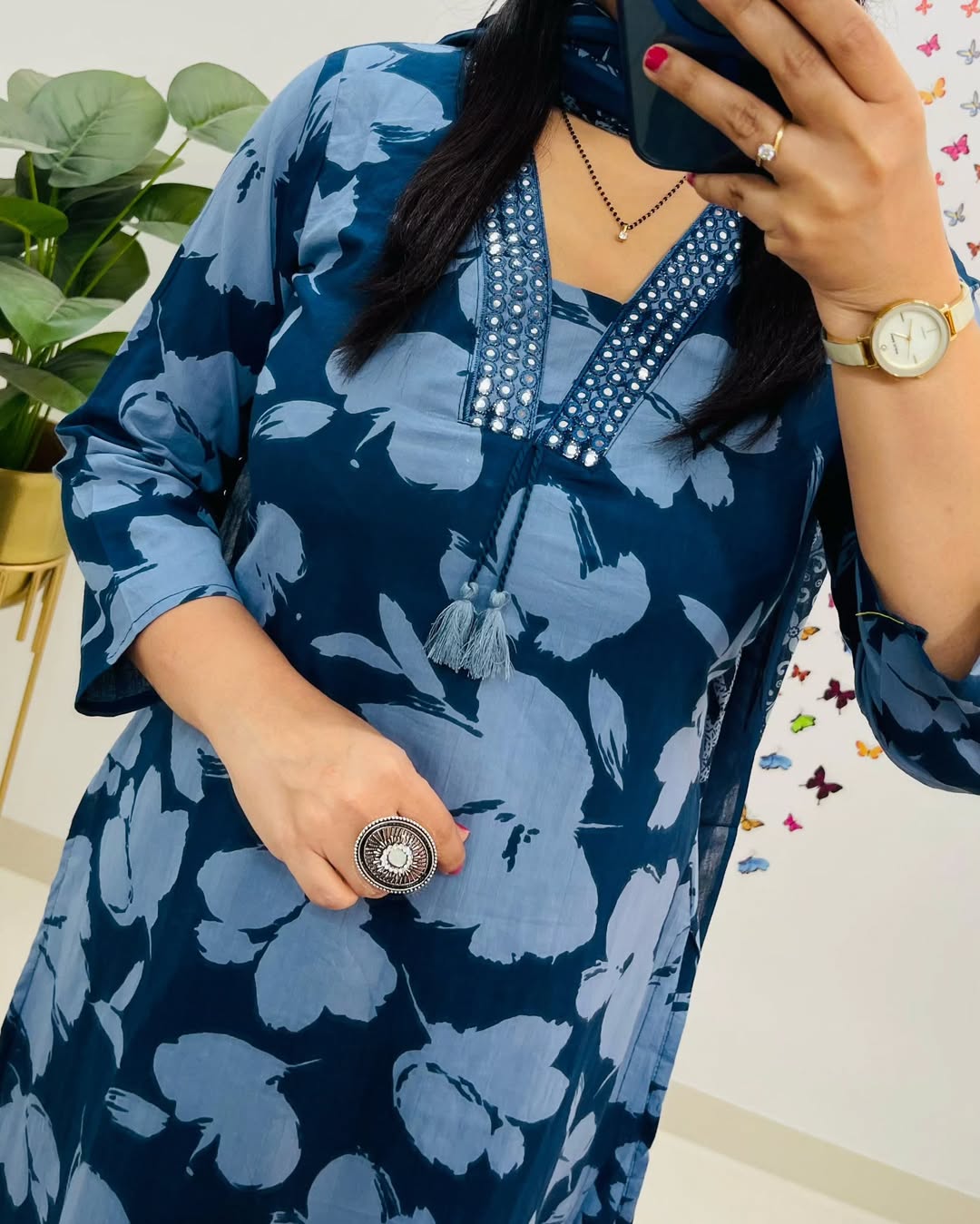 Kalamkari Fusion Floral print kurti pant dupatta set Size available : 38/M 40/L 42/XL 44/XXL 46/XXXL*