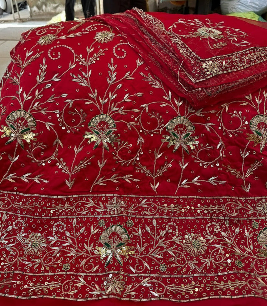 Bridal Bember Satin Poshak with Pure Thakurji Odhna | Heavy Jardoji & Dabka Handwork