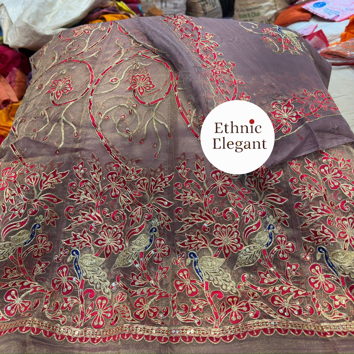 Tissue silk fabric thakurji pure odhna beautiful Peacock patch hand work poshak*