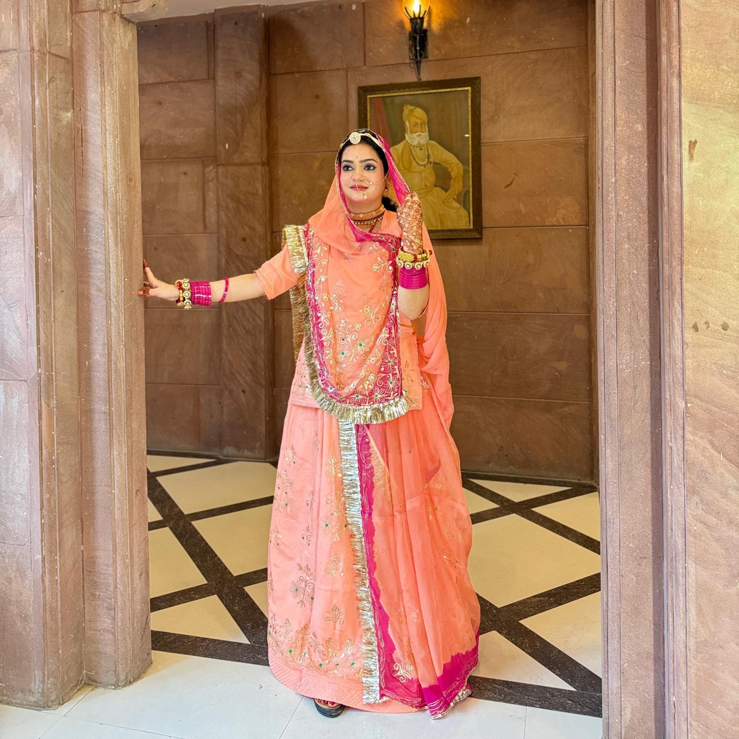 Elegant Partywear Rajputi Poshak | Upada Fabric, Kasab, Kundan & Resham Handwork