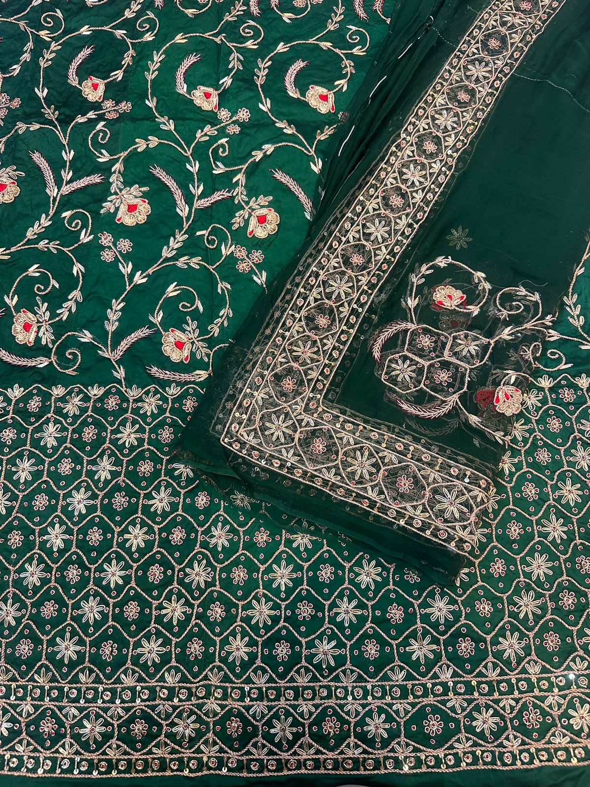 Elegant Ethnic Rajputi Poshak | Heavy Bember Satin with Pure Thakurji Odhna & Aari Jardoji Dabka Handwork