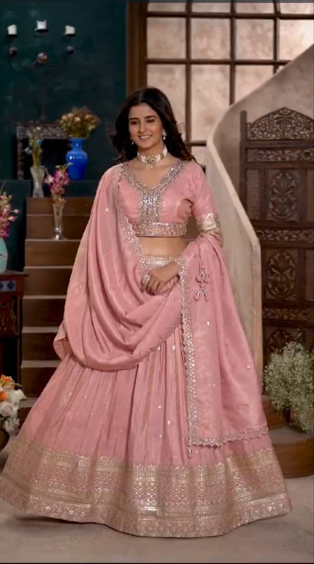 Pastel pink silk lehenga set with sequence embroidery work 🌹  size : L /XL/XXL  available