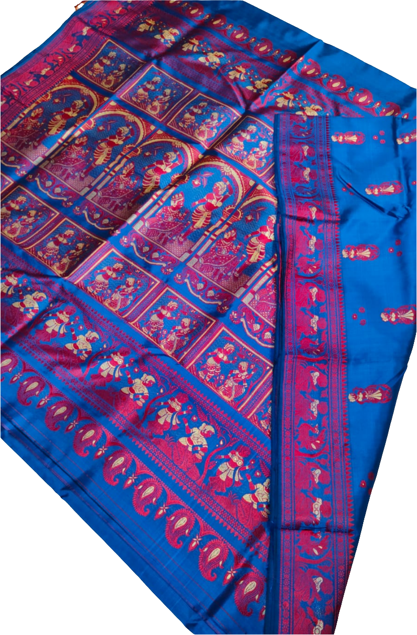 Elegant blue color handwoven Bishnupur Baluchari silk saree