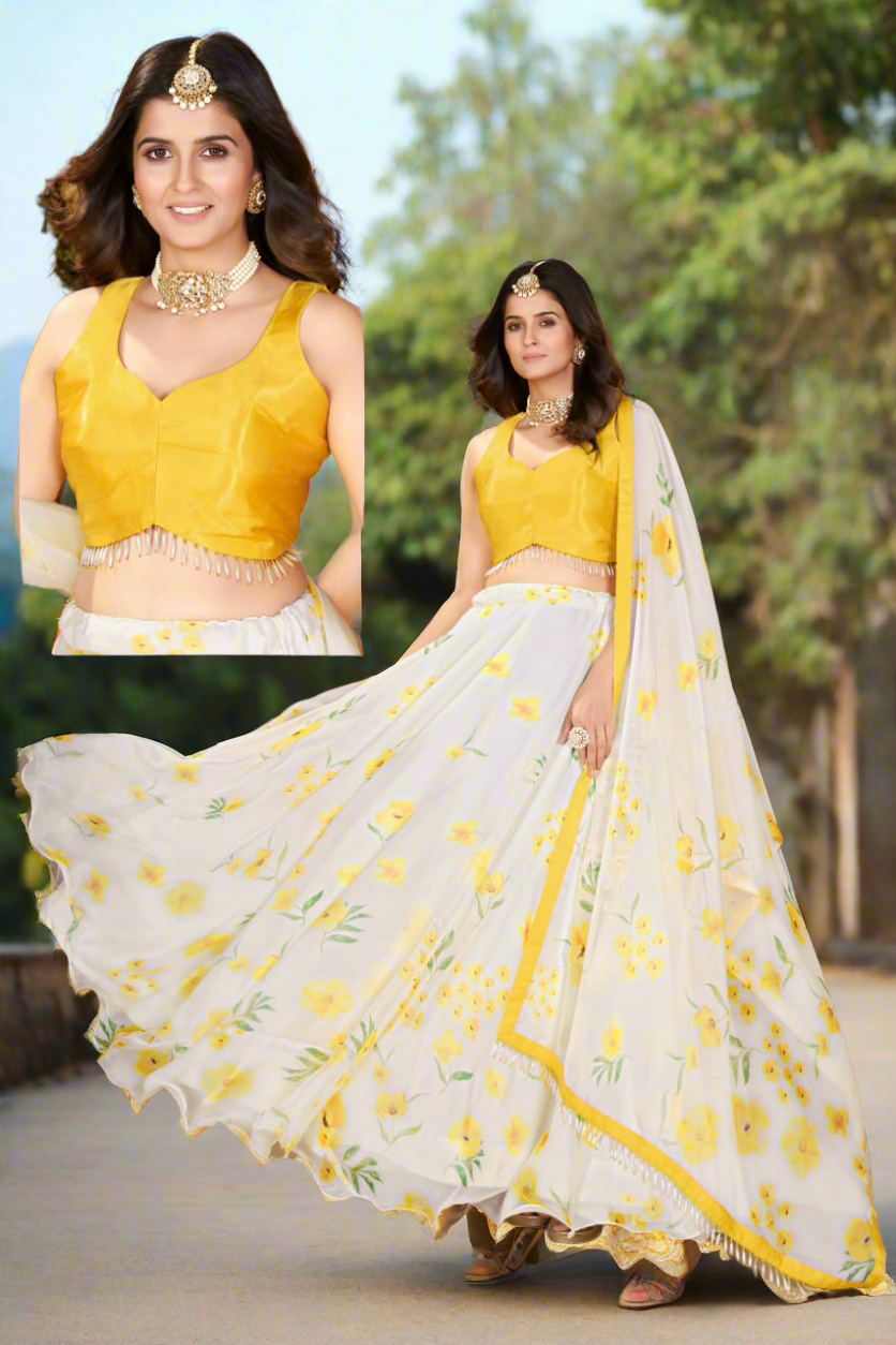 Festival special yellow 💛 &white digital print beads and pearl work georgette crop top lehenga set.  size: L /XL  available