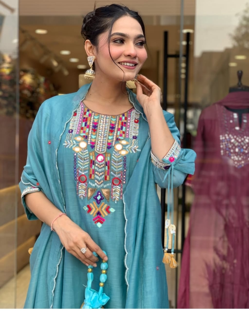 Elegant Chanderi suit with cotton pant naazmin dupatta  Size:-M/38,L/40,XL/42,XXL/44, XXXL/46*