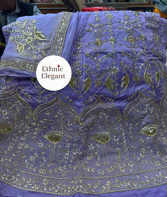 Elegant Bridal Poshak: Heavy Bember Satin, Pure Thakurji Odhna | Jardoji, Dabka & Aari Handwork