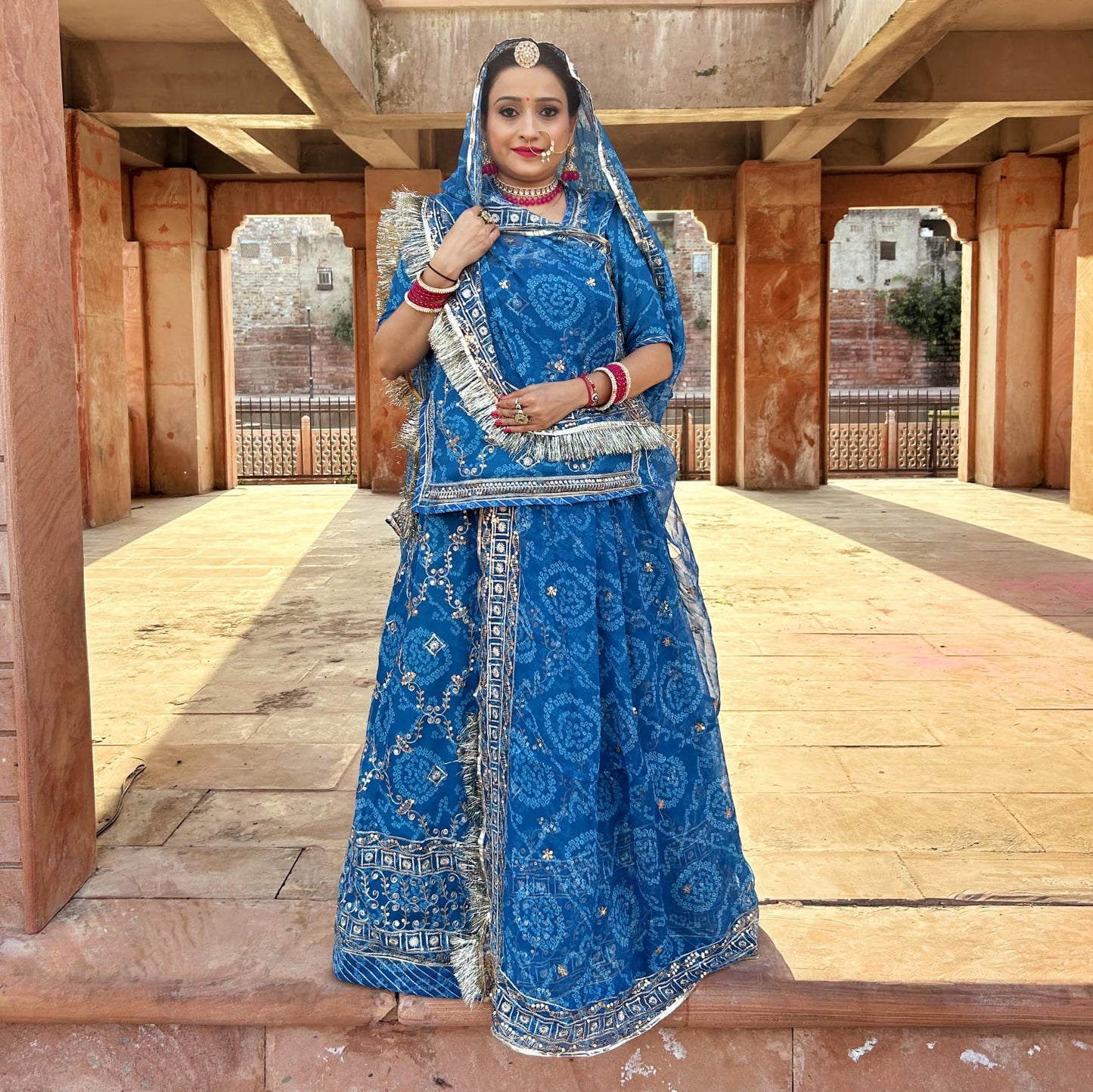 Halfpure Chundari Rajasthani Poshak | Heavy Jari Sequence Work & Butti Odhna