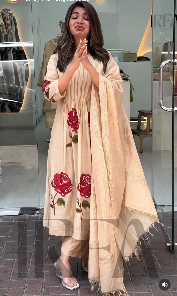 Elegant premium cotton embroidery work floral design kurti pant dupatta set Size-38.40.42.44 46