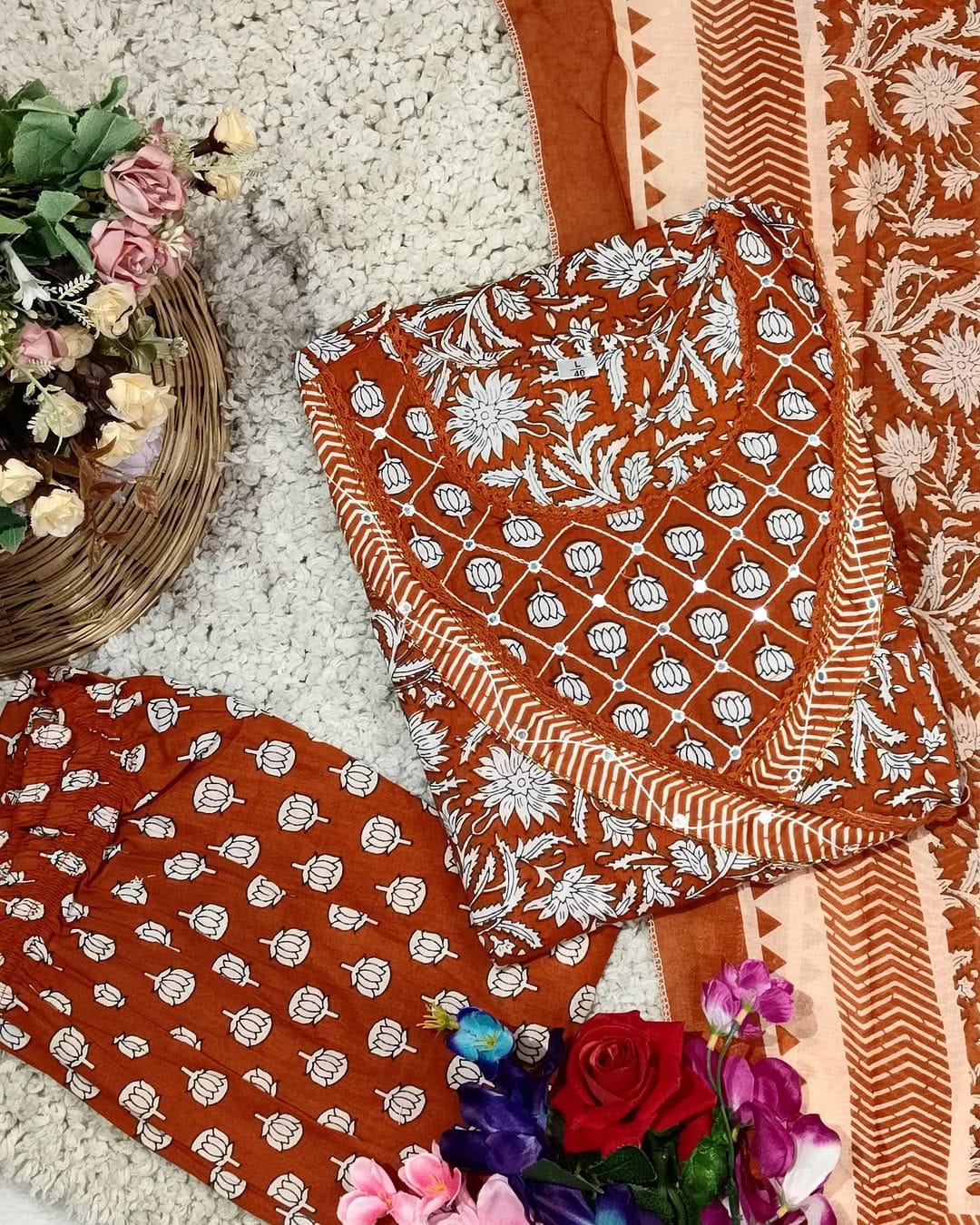 Cotton Anarkali kurta set with new style in saganeri print_                      Size - *M(38),40(L),42(XL),*
*44(XXL), 46(3xl)*