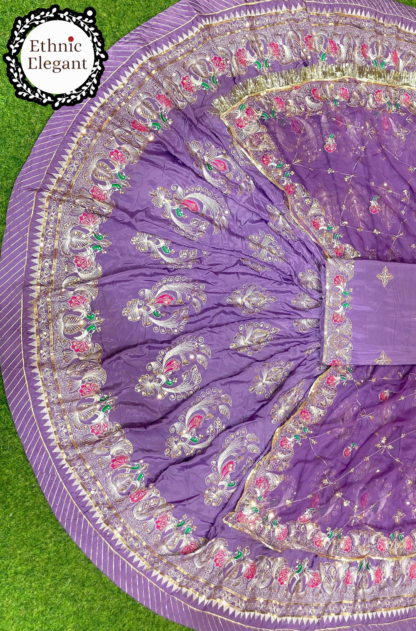 Designer 4 Meter Gher Crepe Silk Rajputi Poshak | Pure Odhni with Vintage Barik Handwork