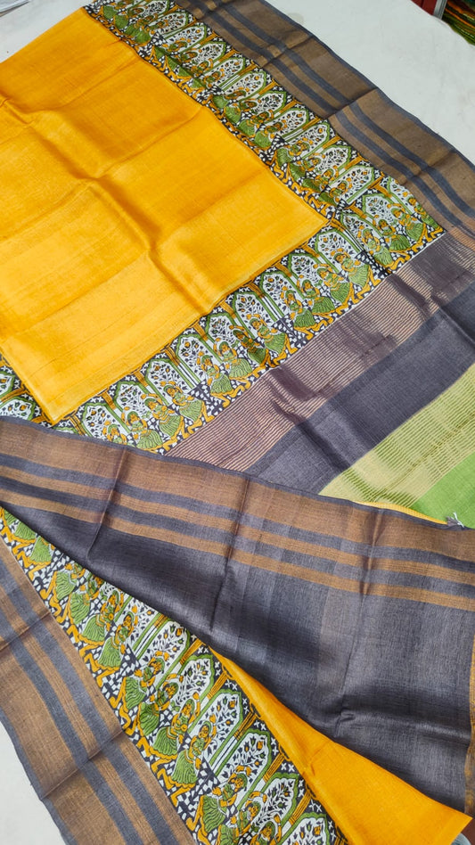 Madhubani Hand printed Tussar pure silk saree silk mark certified