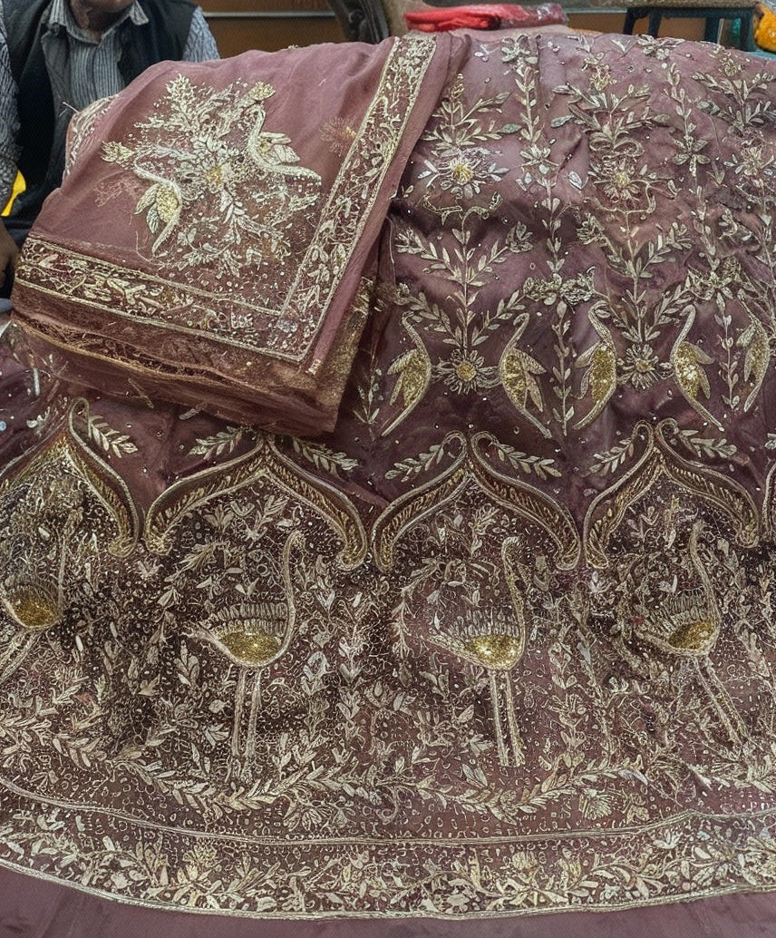 Elegant Bridal Poshak: Heavy Bember Satin, Pure Thakurji Odhna | Jardoji, Dabka & Aari Handwork