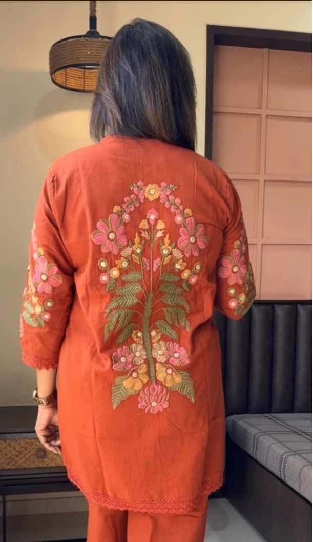 Orange cotton embroidery collar nack co-ord set  Size - 38 40 42 44