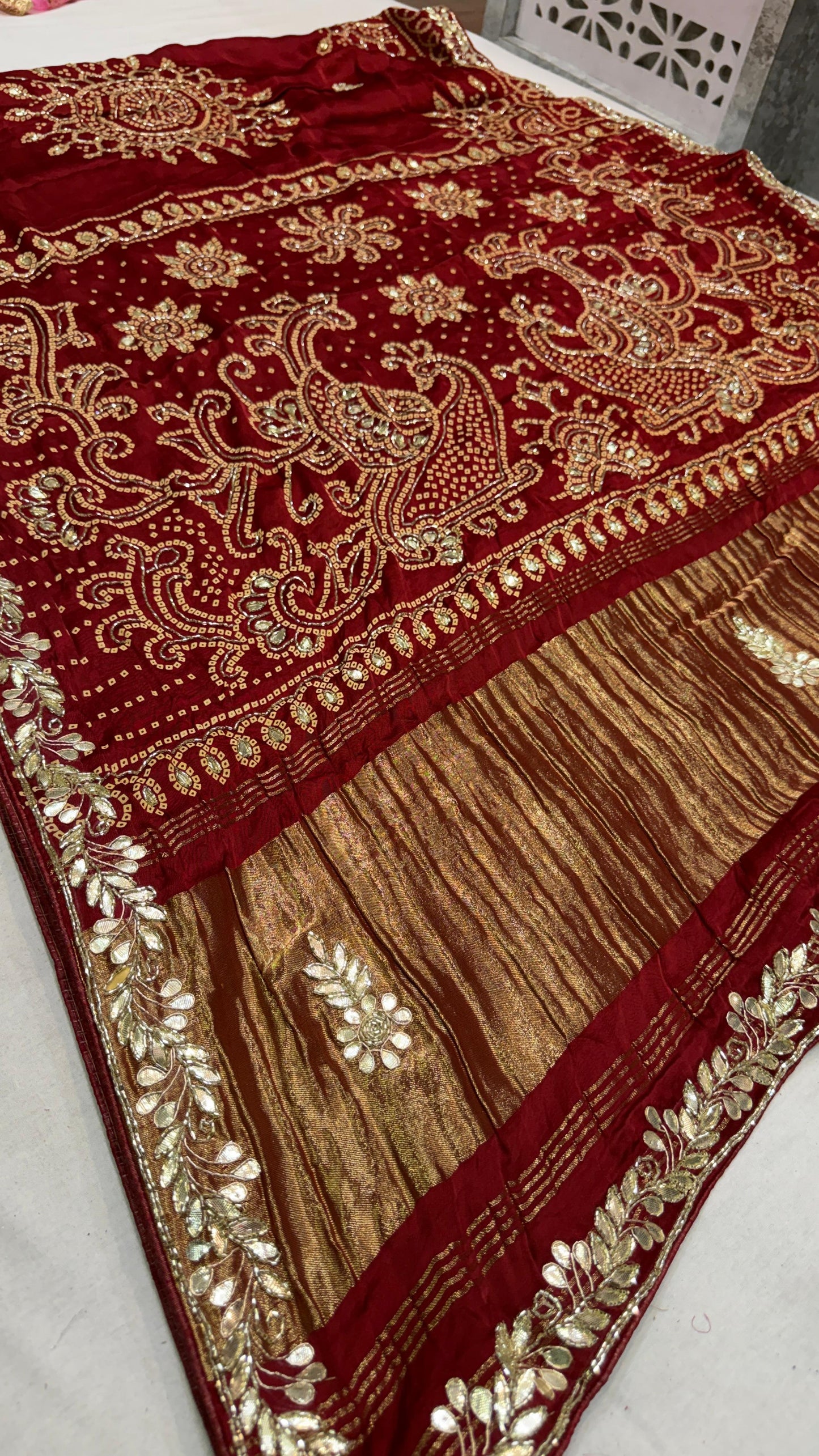 Beautiful handwork lakadi patta bandhej pure Gajji silk saree