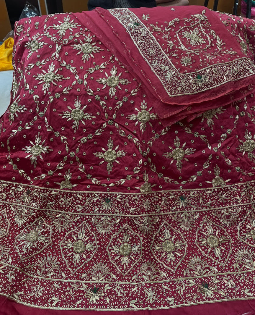 Elegant Bridal Poshak: Heavy Bember Satin, Pure Thakurji Odhna | Jardoji, Dabka & Aari Handwork