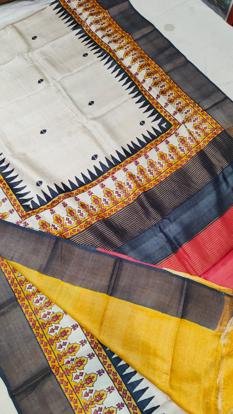Madhubani Hand printed Tussar pure silk saree silk mark certified