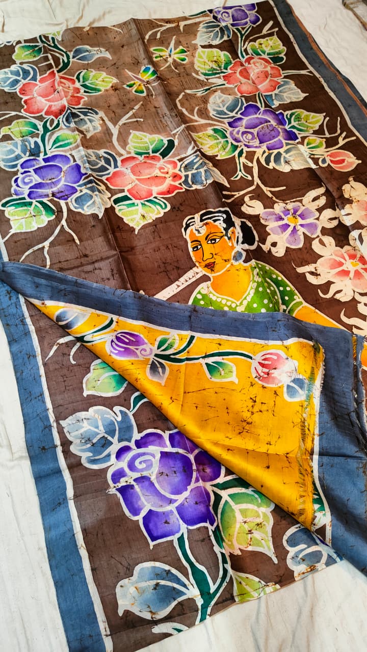 Bishnupuri  handprinted Batik pure silk saree
