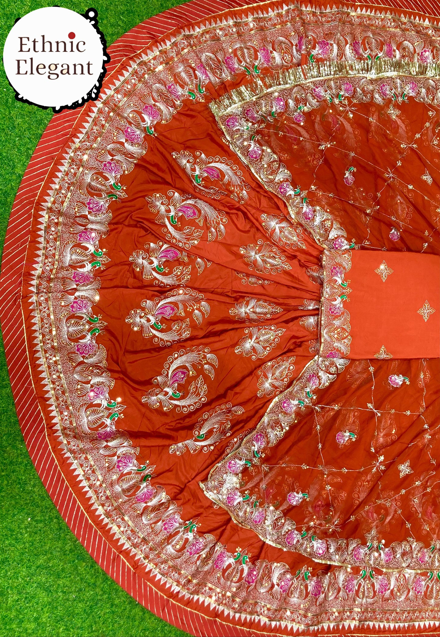 Designer 4 Meter Gher Crepe Silk Rajputi Poshak | Pure Odhni with Vintage Barik Handwork