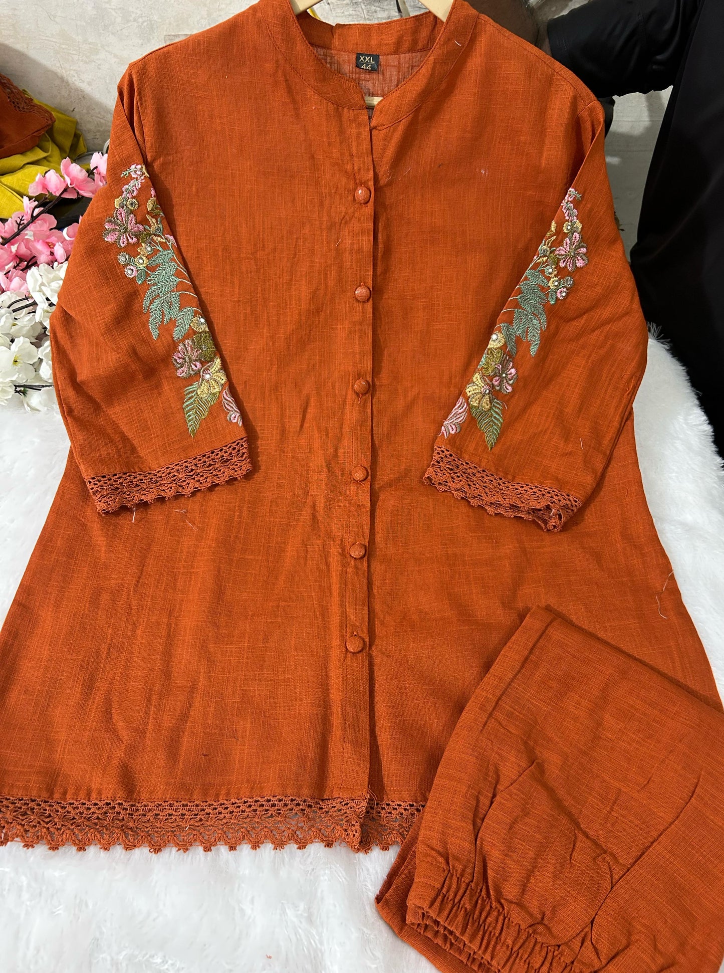Orange cotton embroidery collar nack co-ord set  Size - 38 40 42 44