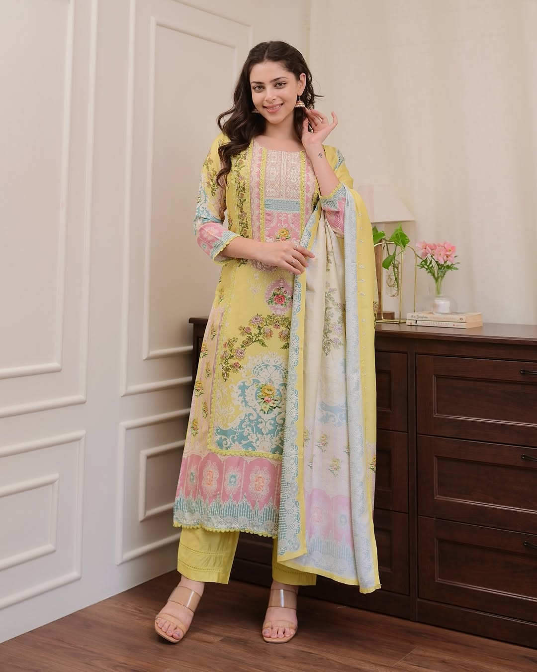 Designer Yellow Suit Set with Elegant Digital Prints