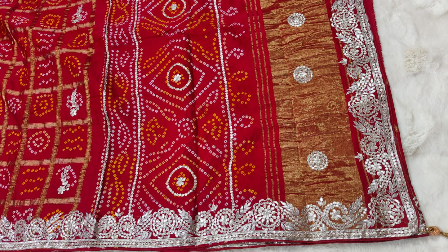 Pure modal gajji silk Bhandhej saree with Hevy hand zero Gotta patti work elegant saree