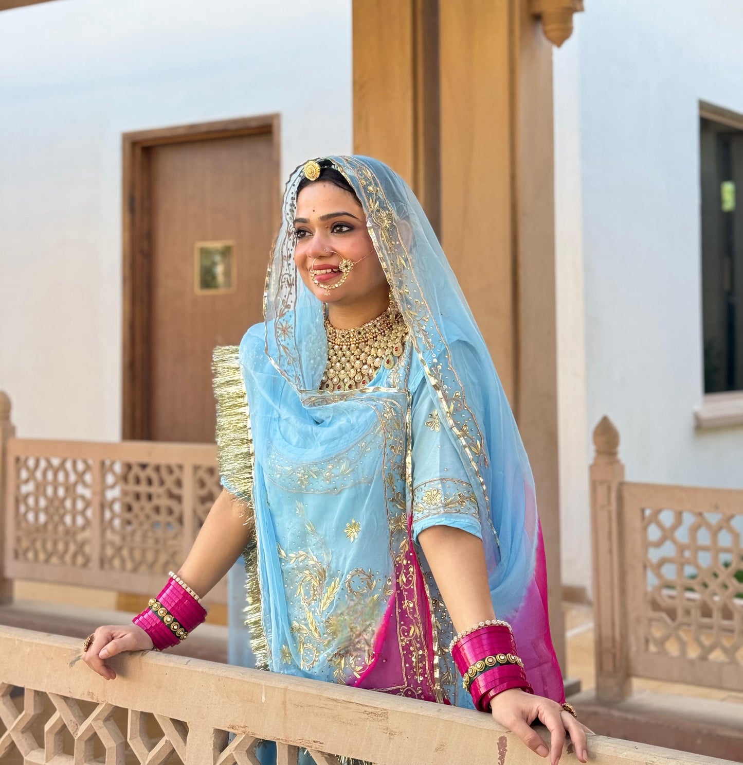 Natural fabric Elegant sky clour Zardoji handwork Rajasthani poshak