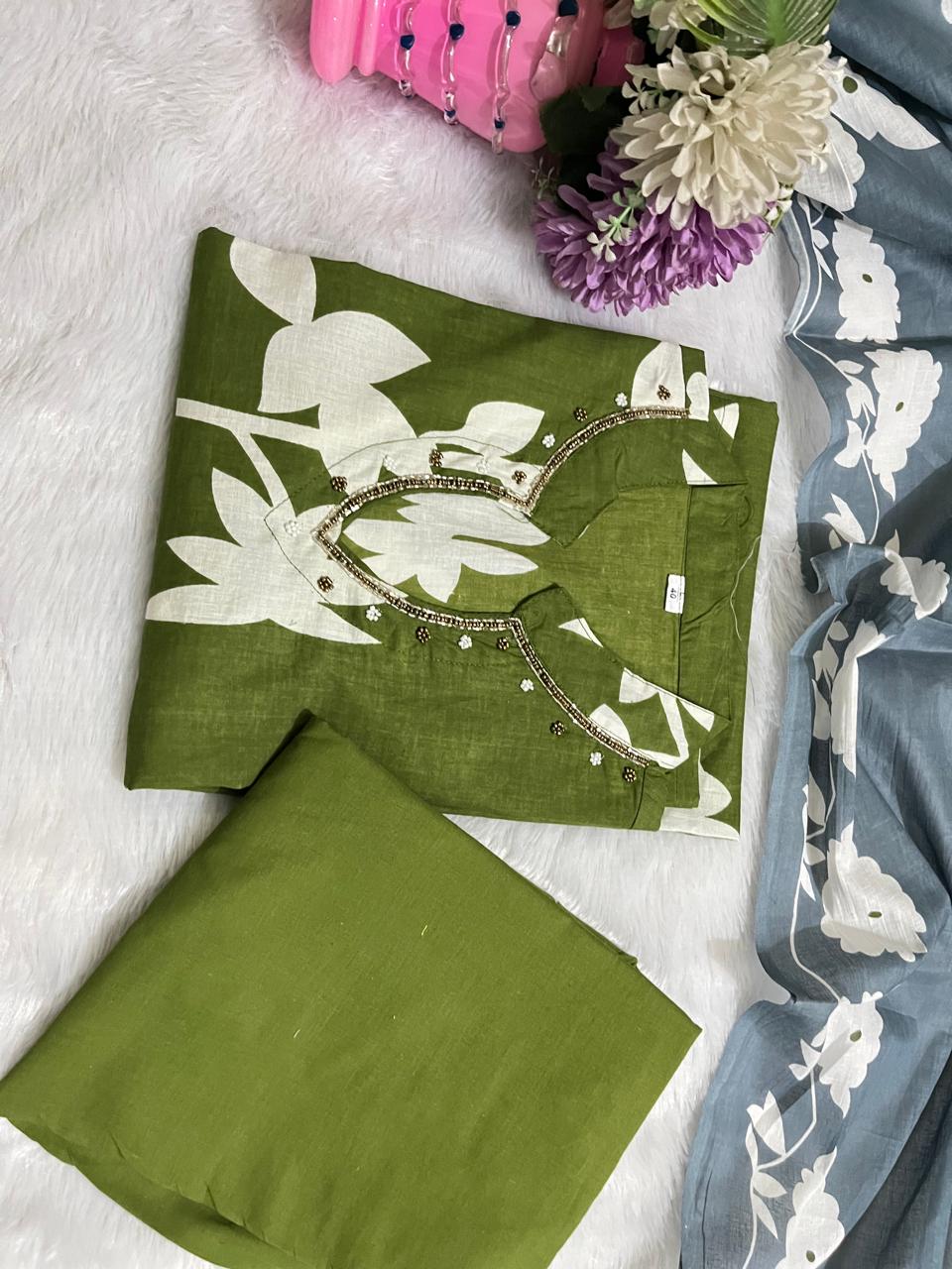 Beautiful pure cotton kurti pant dupatta set Size available -: 38/40/42/44/46 (M to 3XL)*