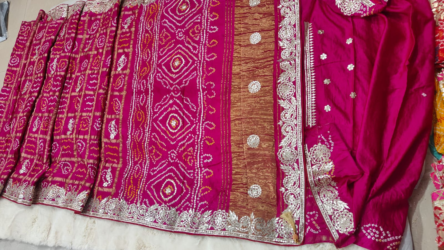 Pure modal gajji silk Bhandhej saree with Hevy hand zero Gotta patti work elegant saree