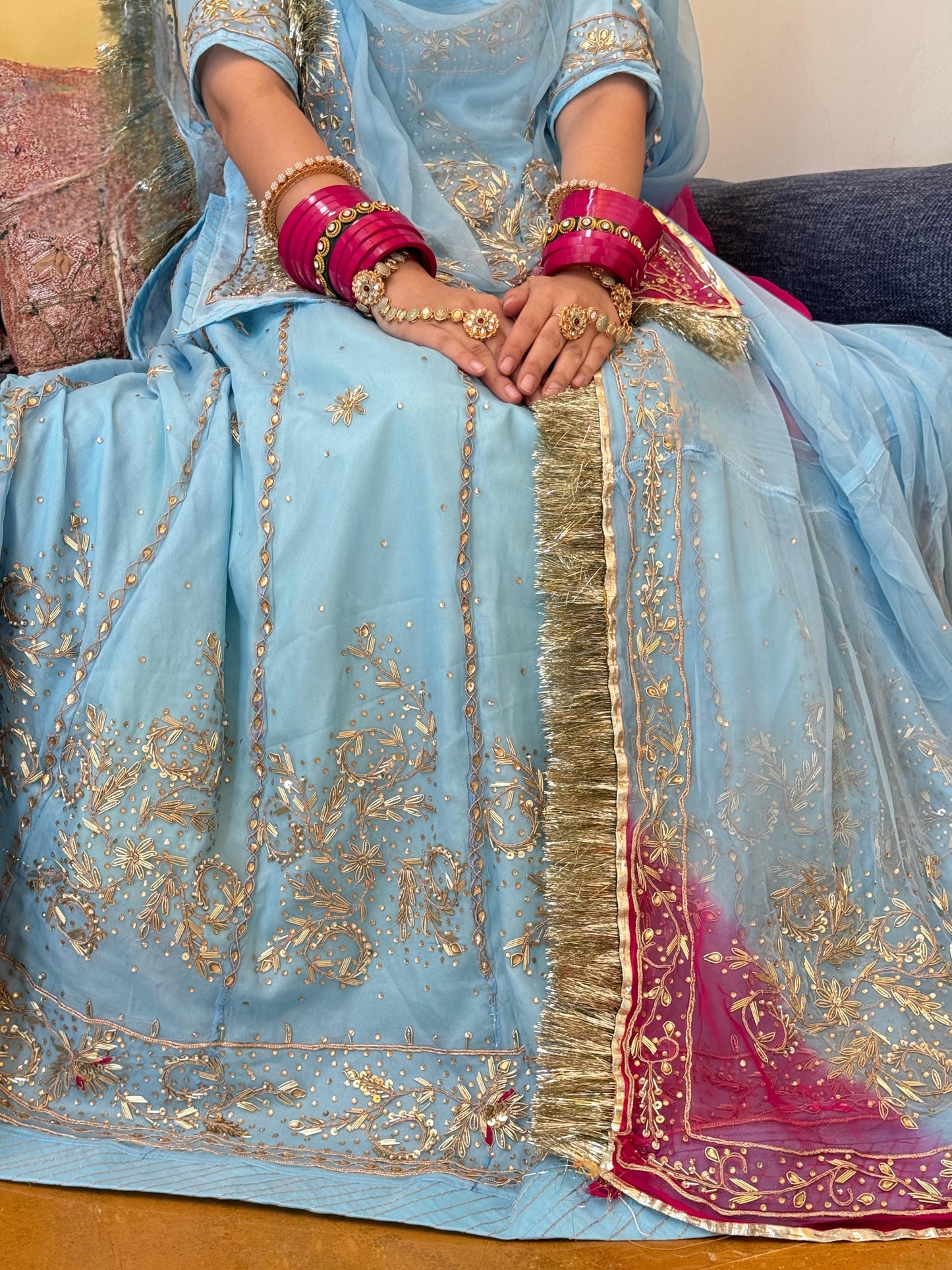 Natural fabric Elegant sky clour Zardoji handwork Rajasthani poshak