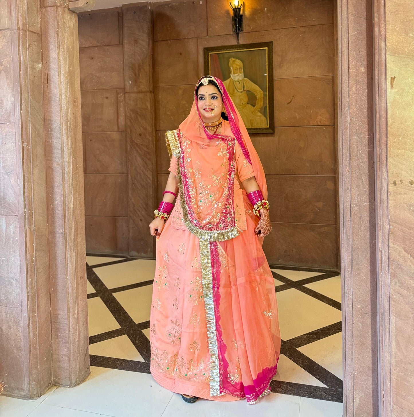 Elegant Partywear Rajputi Poshak | Upada Fabric, Kasab, Kundan & Resham Handwork