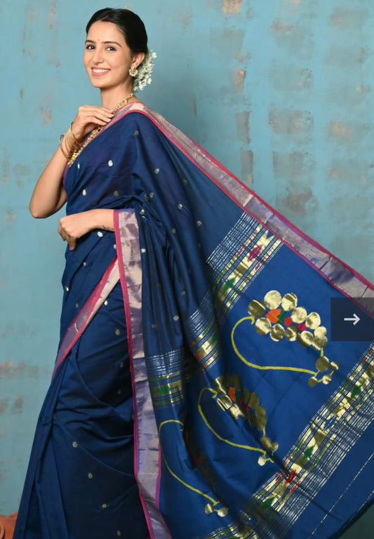 Authentic Pure Cotton Paithani Handloom Saree with Exquisite Handmade Designer Pallu