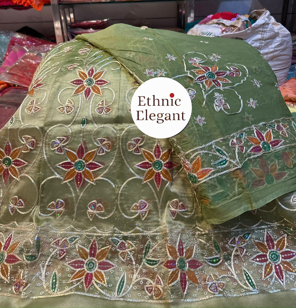 Tissue silk fabric thakurji pure odhna hand painting boutique work elegant poshak