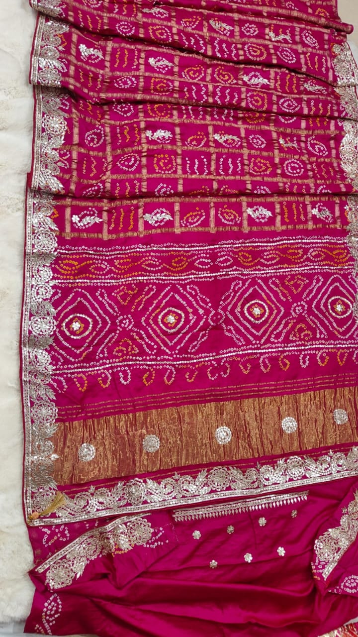 Pure modal gajji silk Bhandhej saree with Hevy hand zero Gotta patti work elegant saree