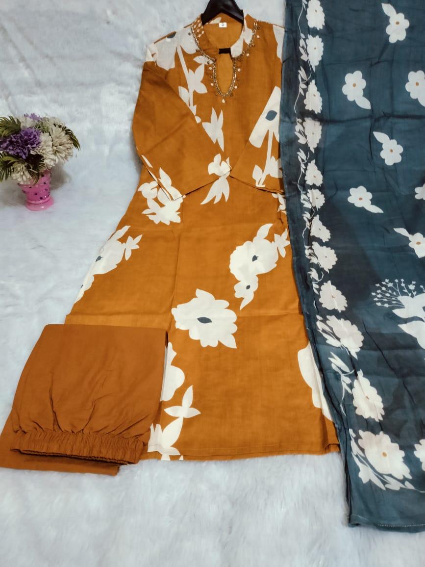 Beautiful pure cotton kurti pant dupatta set Size available -: 38/40/42/44/46 (M to 3XL)*