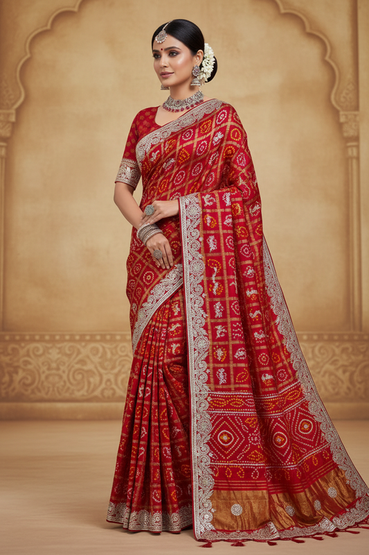 Pure modal gajji silk Bhandhej saree with Hevy hand zero Gotta patti work elegant saree