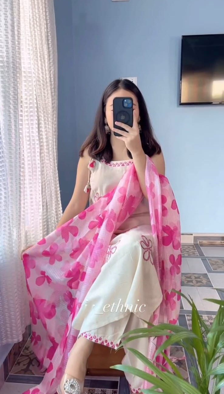 Elegant Sleeveless cotton handembroidery Beautiful Kurti pent Duppta set SIZE-S To 2XL (36to 44)*