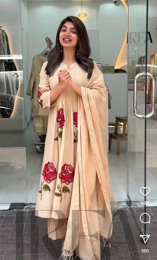 Elegant premium cotton embroidery work floral design kurti pant dupatta set Size-38.40.42.44 46