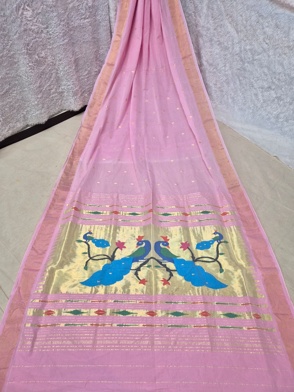 Authentic Pure Cotton Paithani Handloom Saree with Exquisite Handmade Designer Pallu