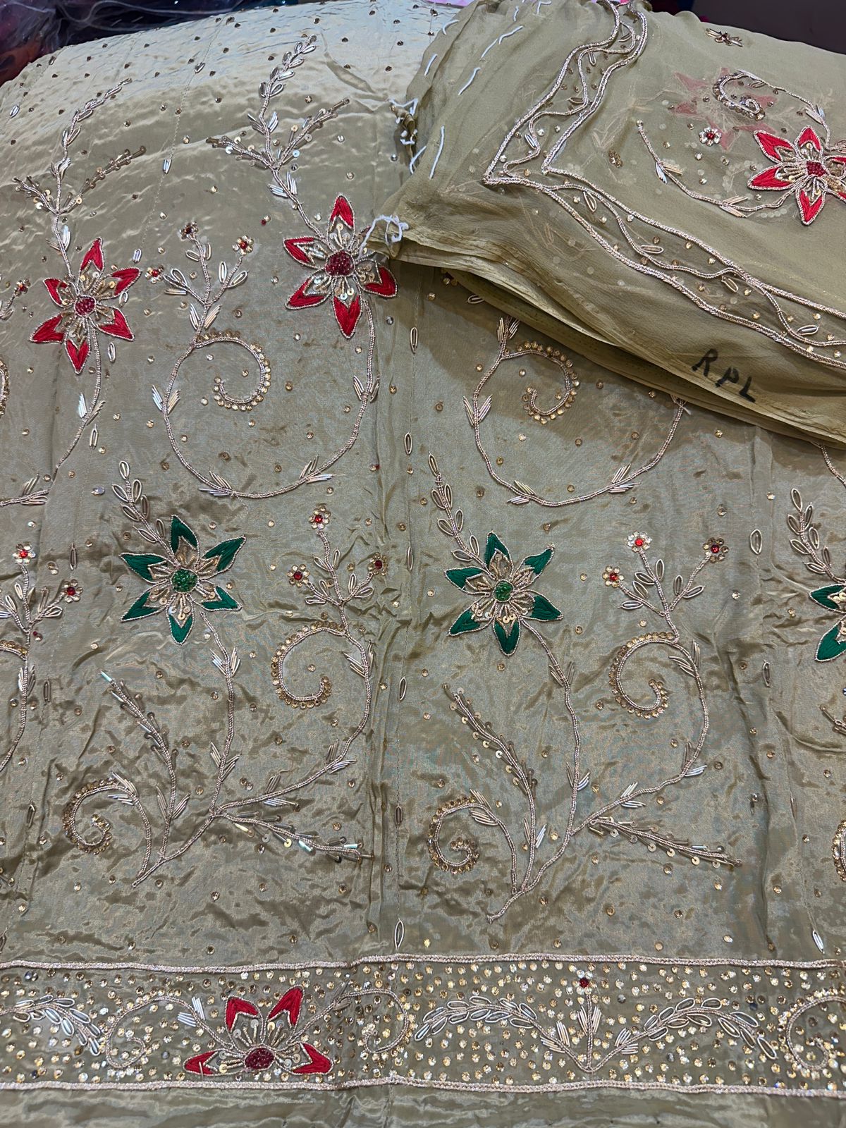 Royal Natural Crepe Ensemble with Handcrafted Jardoji & Dabka Accents