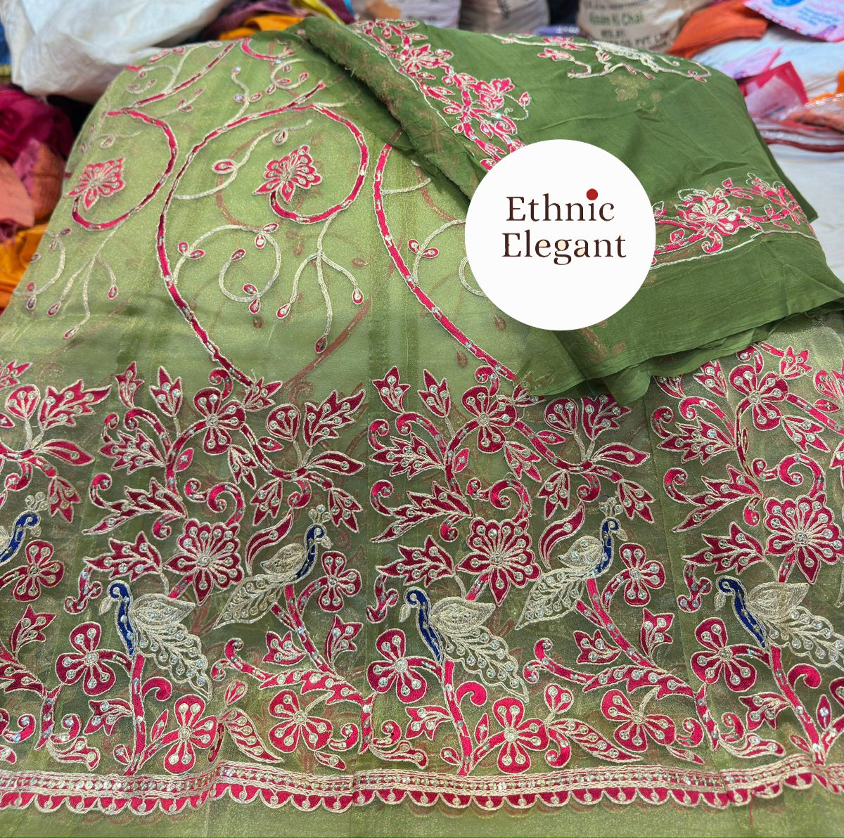Tissue silk fabric thakurji pure odhna beautiful Peacock patch hand work poshak*