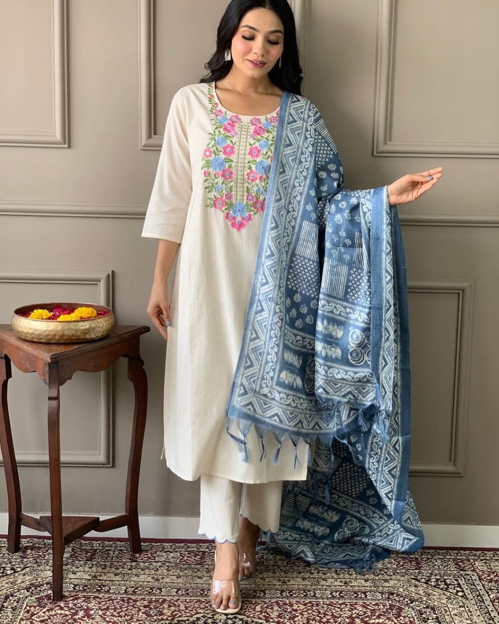 Embroidery suit and khadi silk dupata set Size:-38,40,42,44,46