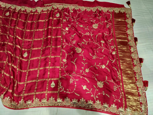 Bridal Pure Ghatchola Silk Saree – Calcutta elegant Hand Embroidery in Red Pink