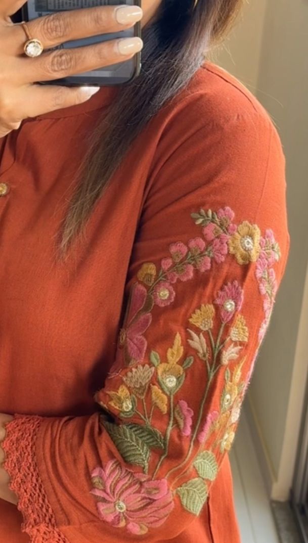 Orange cotton embroidery collar nack co-ord set  Size - 38 40 42 44