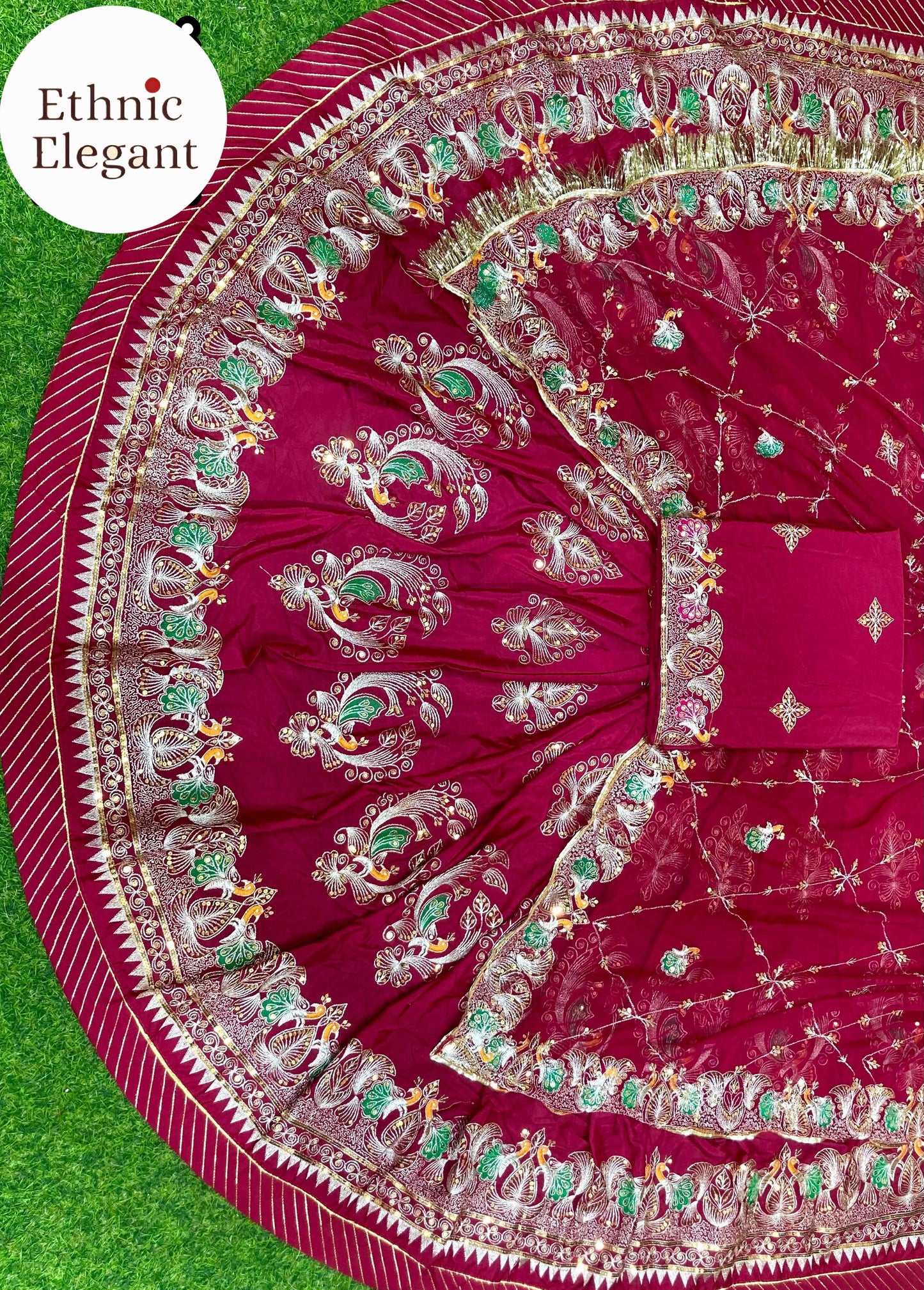 Designer 4 Meter Gher Crepe Silk Rajputi Poshak | Pure Odhni with Vintage Barik Handwork
