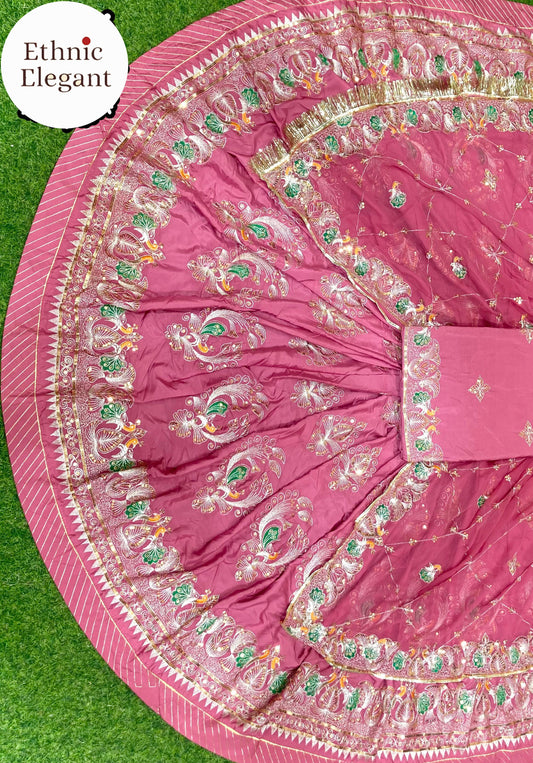 Designer 4 Meter Gher Crepe Silk Rajputi Poshak | Pure Odhni with Vintage Barik Handwork