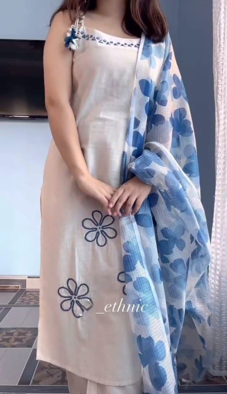 Elegant Sleeveless cotton handembroidery Beautiful Kurti pent Duppta set SIZE-S To 2XL (36to 44)*