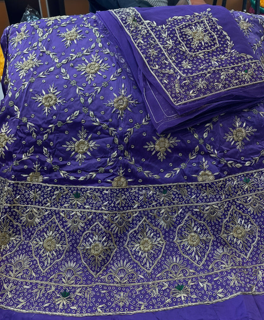 Elegant Bridal Poshak: Heavy Bember Satin, Pure Thakurji Odhna | Jardoji, Dabka & Aari Handwork