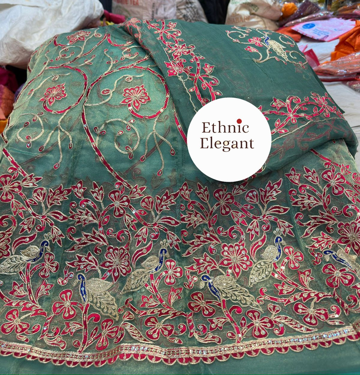 Tissue silk fabric thakurji pure odhna beautiful Peacock patch hand work poshak*